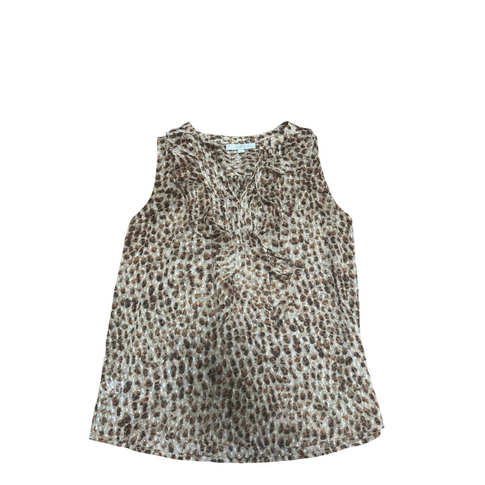 LOFT‎ Women's Medium Sleeveless Top Brown Animal Print Ruffle Blouse
